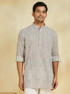 Fabindia Geometric Bagh Printed Band Collar Roll-Up Sleeves Cotton Straight Short Kurta