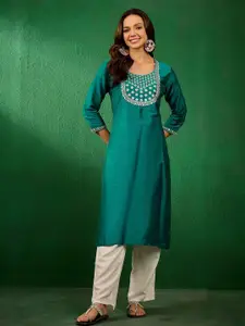 Sangria Floral Embroidered Round Neck Sequinned Straight Kurta