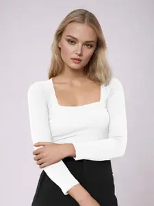 Dream Beauty Fashion Women Ribbed Square Neck Long Sleeves Top
