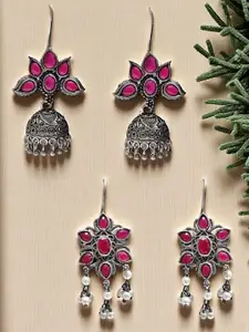 OOMPH Set Of 2 Artificial Stones Studded Floral Shaped Oxidised Jhumkas