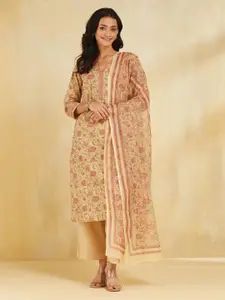 Fabindia Floral Printed Cotton Straight Kurta & Dupatta