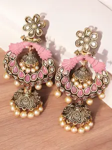 OOMPH Kundan Studded & Beaded Contemporary Shaped Drop Earrings