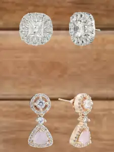 ATIBELLE Set Of 2 Silver-Plated Cubic Zirconia Studded Geometric Shaped Studs