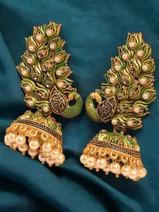 OOMPH Kundan Studded & Pearls Beaded Dome Shaped Enamelled Jhumkas