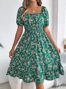 all about you Women Floral Printed Puff Sleeves A-Line Square Neck Dress