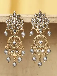 OOMPH Kundan Studded And Beaded Contemporary Shaped Drop Earrings