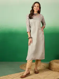 Sangria Round Neck Thread Work Straight Kurta