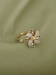 Carlton London 18kt Gold Plated & CZ Floral with Enamel Adjustable Finger Ring