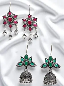 OOMPH Set Of 2 Artificial Stones Studded And Beaded Floral Shaped Floral Drop Earrings