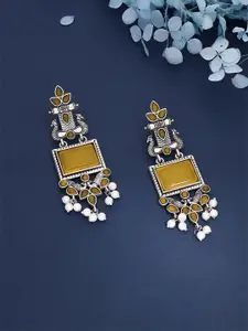 Anouk Silver-Plated artificial stones studded and beaded Oxidised Square Drop Earrings