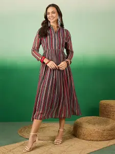 Sangria Women Striped Mandarin Collar Fit & Flare Midi Dress