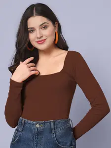 Dream Beauty Fashion Women Ribbed Square Neck Long Sleeves Top