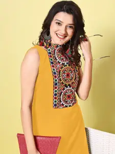 KALINI Women Cotton Blend Embroidered High Neck Straight Kurta