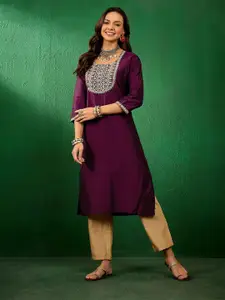 Sangria Floral Embroidered Round Neck Sequinned Straight Kurta