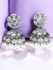 OOMPH Artificial Stones Studded & Pearls Beaded Dome Shaped Oxidised Jhumkas