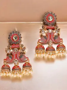 OOMPH Kundan Studded & Pearls Beaded Dome Shaped Meenakari Jhumkas
