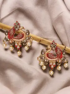 OOMPH Kundan Studded & Pearls Beaded Peacock Shaped Meenakari Drop Earrings