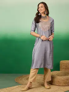 Sangria Floral Embroidered Round Neck Sequinned Straight Kurta