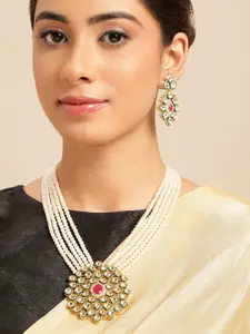 Anouk Women White & Gold-Plated Pearl Studded & Beaded Necklace Jewellery Set