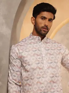 SOJANYA Geometric Printed Band Collar Cotton Linen Straight Kurta