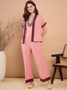 Sangria Round Neck Crop Top Trousers & Jacket Co-Ords