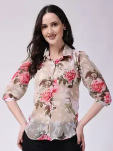 SCORPIUS Floral Printed Spread Collar Puff Sleeves Shirt