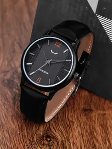 LOUIS DEVIN Men Textured Black Faux Leather Strap Reset Time Analogue Wrist Watch