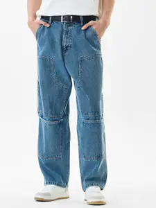 Snitch Men Blue Mid-Rise Baggy Cargo Jeans