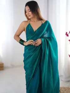 Saree mall Solid Teal Blue Satin Ready to Wear Sarees With Blouse Piece