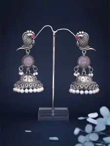 Anouk Silver-Plated Pearls Beaded Oxidised Dome Shaped Jhumkas