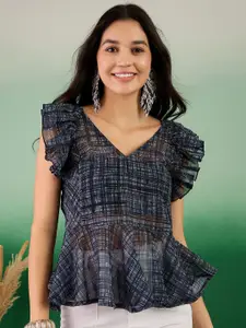 Sangria Abstract Printed Flutter Sleeves Peplum Top