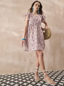 InWeave Floral Printed Flutter Sleeve A-Line Dress