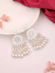 Anouk  Silver-Plated Kundan Studded and Pearls Beaded Geometric Shaped Drop Earrings