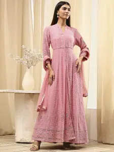 Biba Women Alina Cut Floral Embroidered Beads and Stones Anarkali Kurta, Skirt & With Dupatta