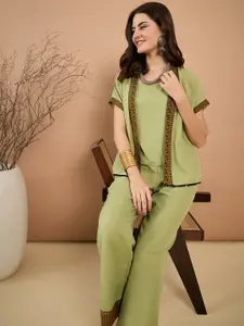 Sangria Round Neck Crop Top Trousers & Jacket Co-Ords