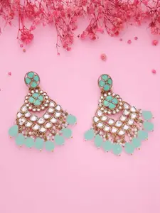 Anouk Gold-Plated Kundan Studded and Pearls Beaded Contemporary Shaped Drop Earrings