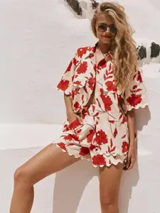 Bebe Printed Shirt Collar Shirt With Shorts Co-Ords
