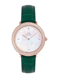 Daniel Wellington Crystal Bezel Women Mother of Pearl Leather Straps Analogue Watch DW00100826K