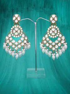 Anouk Gold-Plated Kundan Studded and Pearls Beaded Contemporary Shaped Drop Earrings