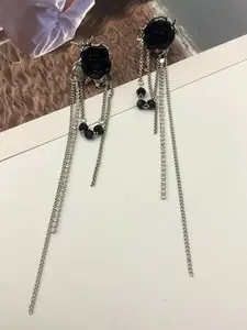 DIVASTRI Korean Silver-Plated Floral Shaped American Diamond Drop Earrings