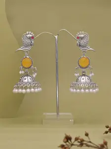Anouk SIlver-Plated Artificial Stones Studded and Beaded Oxidised Jhumkas