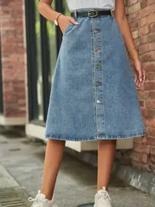 all about you A-Line Knee Length Washed Denim Skirt