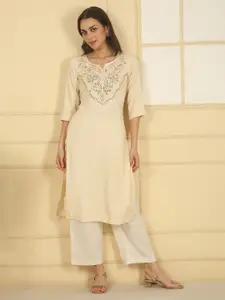 AURELIA Glam Floral Embroidered Sequinned Notch Neck Straight Kurta