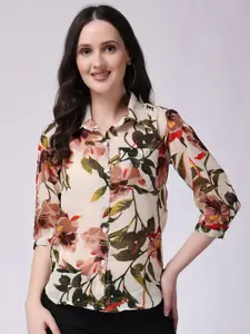 SCORPIUS Floral Printed Spread Collar Puff Sleeves Georgette Casual Shirt