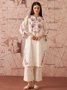Lakshita Women Ivory Embroidered Cotton Slub Kurti