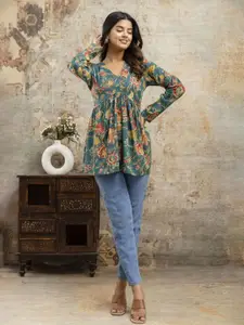 LABEL ADRIJA Floral Print Empire Peplum Cotton Top