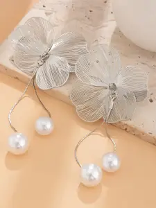 MEENAZ Korean Silver-Plated Pearls Floral Shaped Drop Earrings