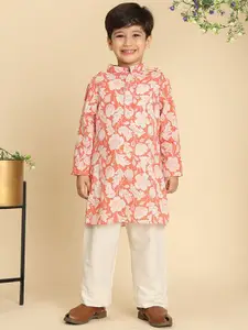 Cutiekins Boys Floral Printed Band Collar Straight Kurta With Trousers
