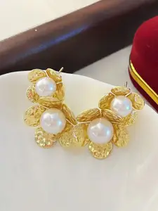 MEENAZ Korean Gold-Plated Pearls Floral Shaped Studs