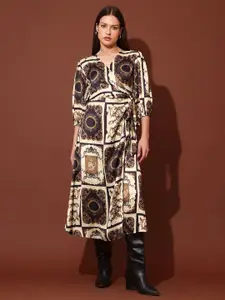 PURVAJA Geometric Printed Puff Sleeves Midi Wrap Dress